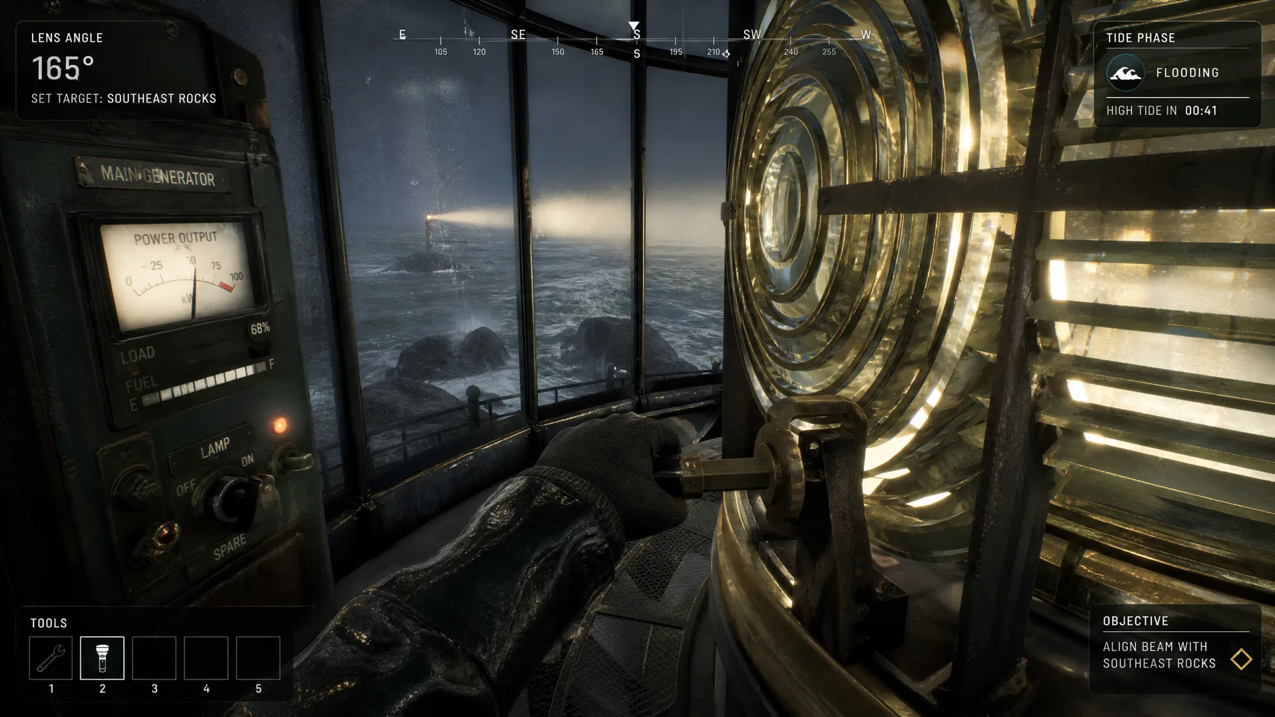 First-person lighthouse puzzle with a brass lens, tide markers, generator load and tool HUD.
