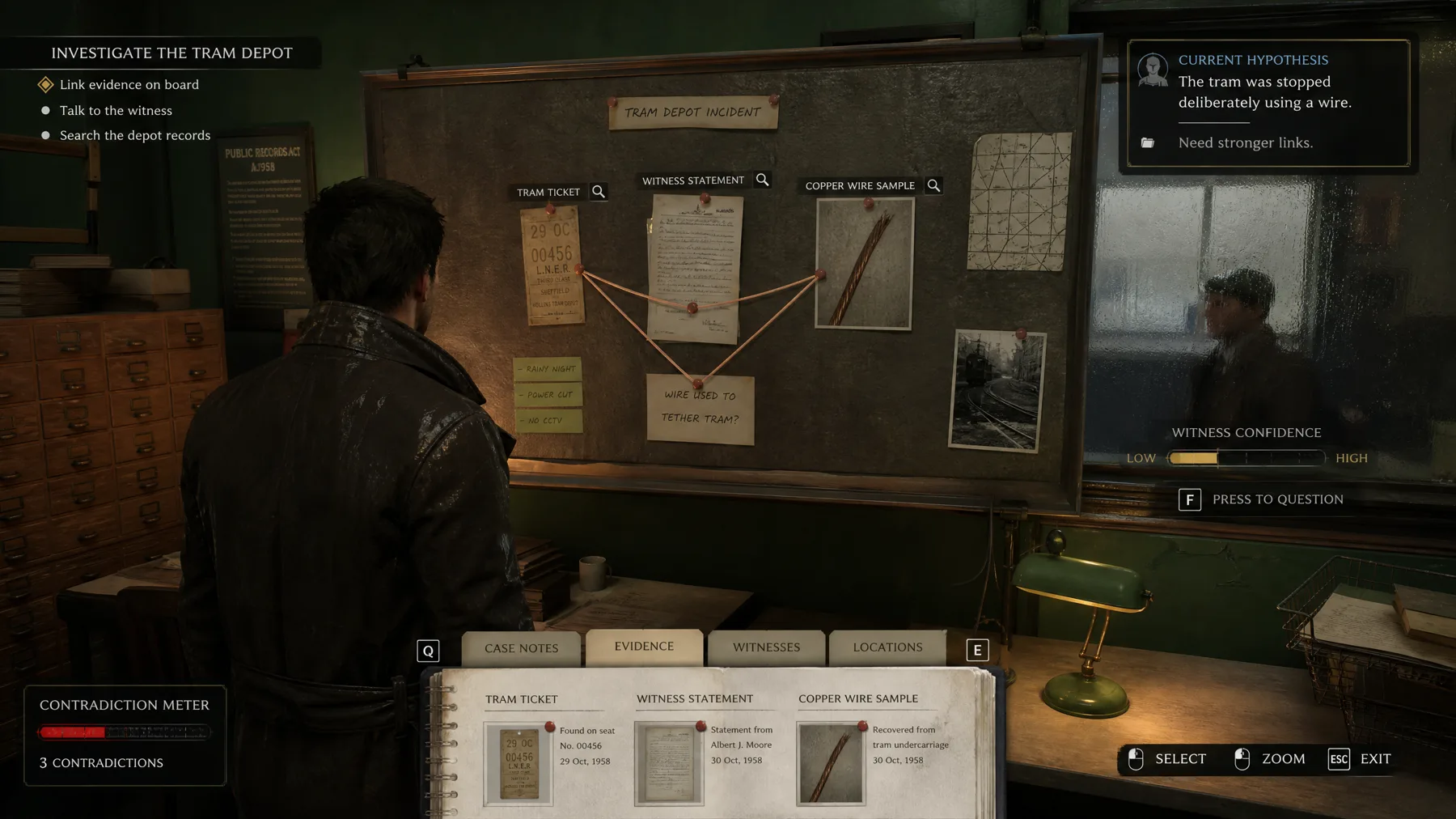 Detective gameplay with an analogue evidence board, witness confidence, contradictions and a current hypothesis.