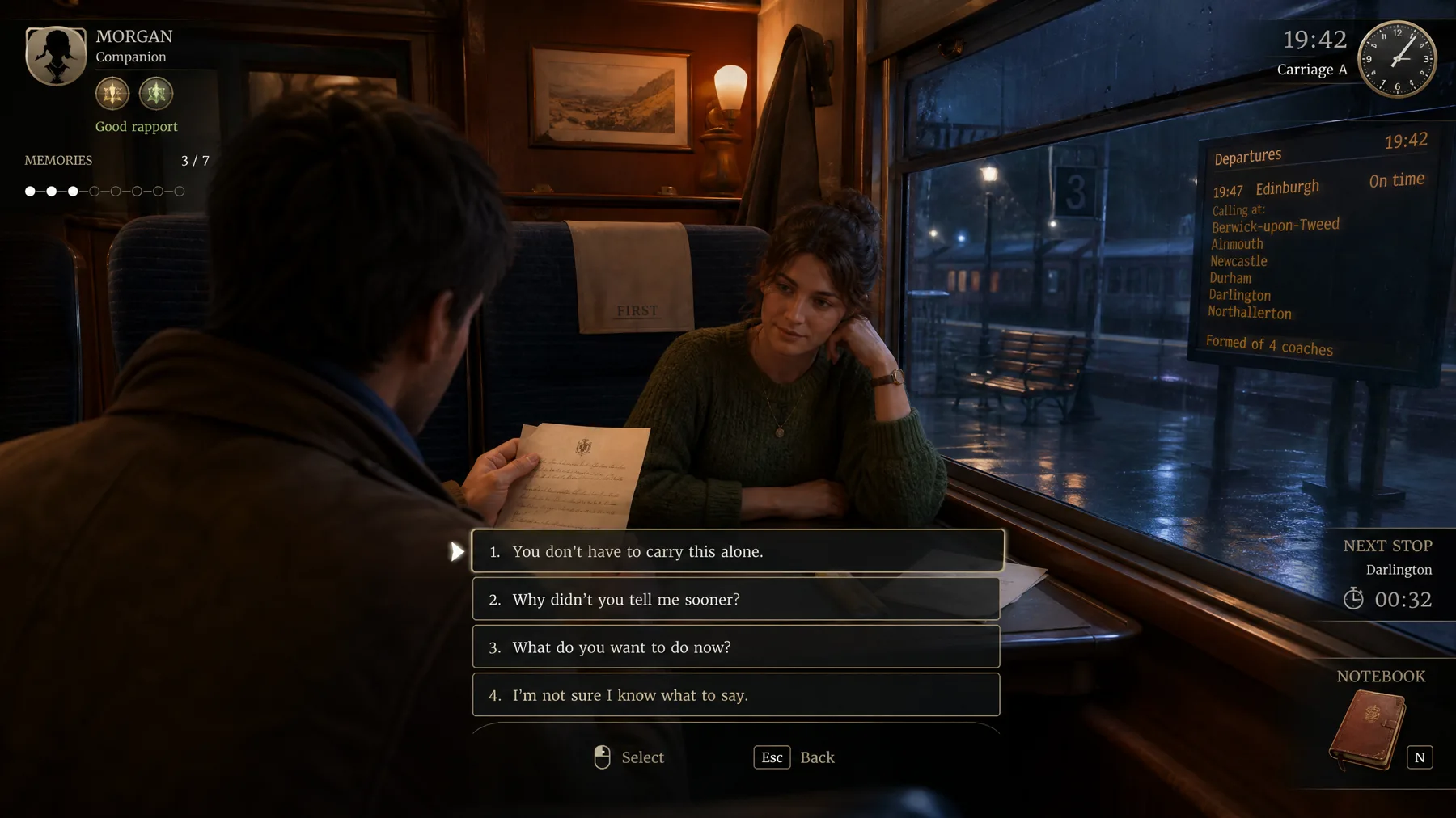Narrative RPG dialogue in an evening train carriage with relationship memories, clock, next stop and notebook.