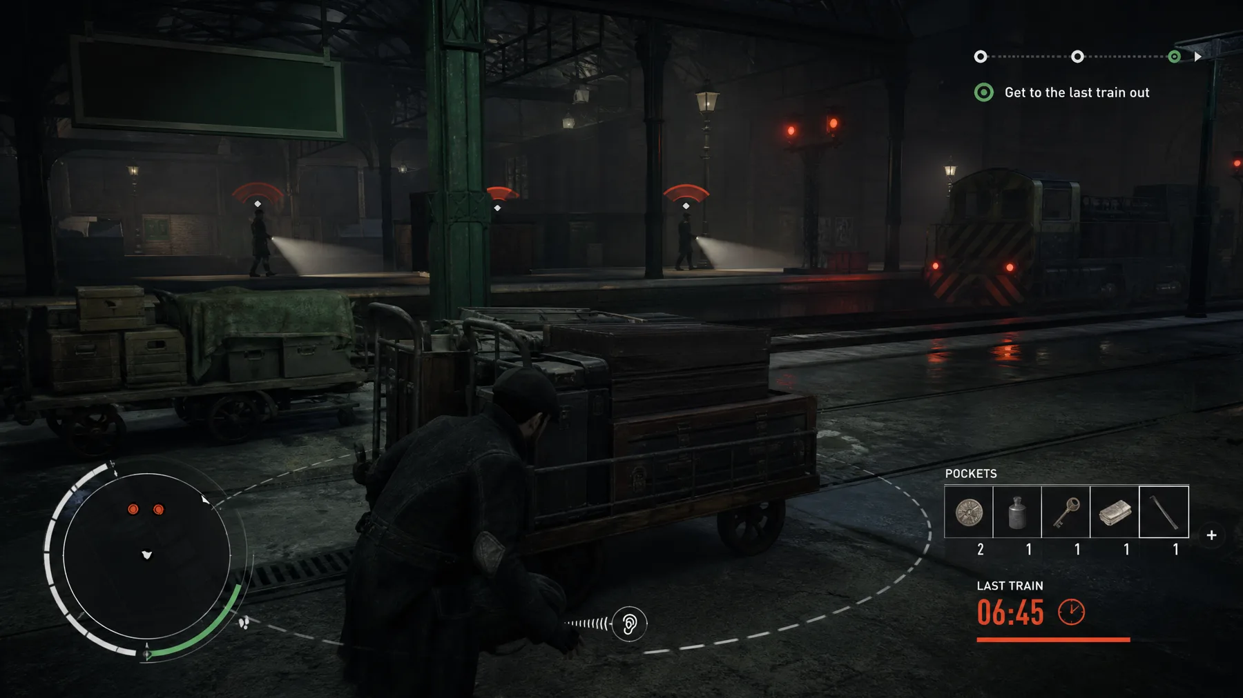 A stealth player crosses an empty railway depot while guards sweep platforms and a countdown runs.