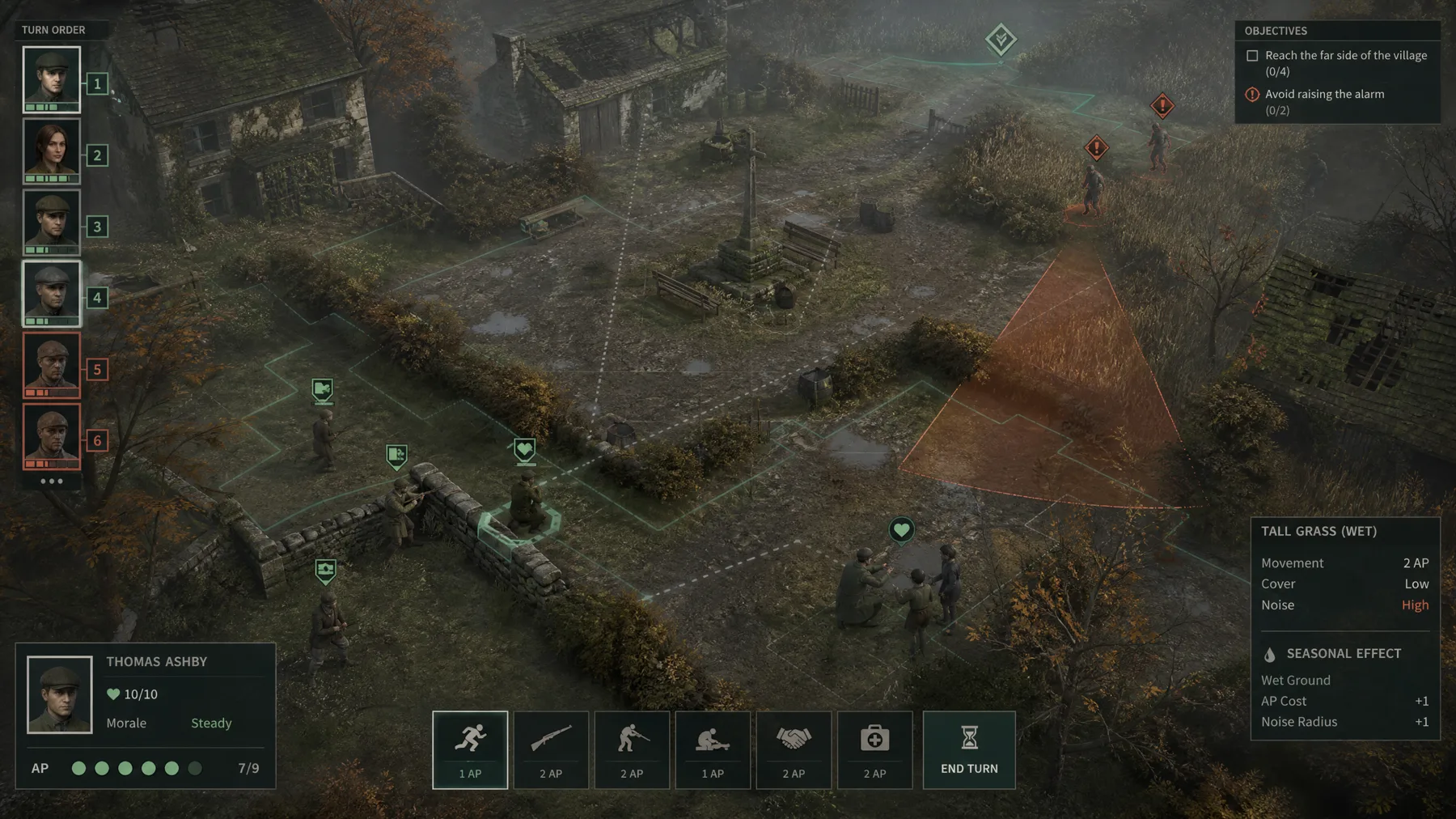 Isometric rural tactics with a four-person unit, hedgerows, civilians, morale and line-of-sight HUD.