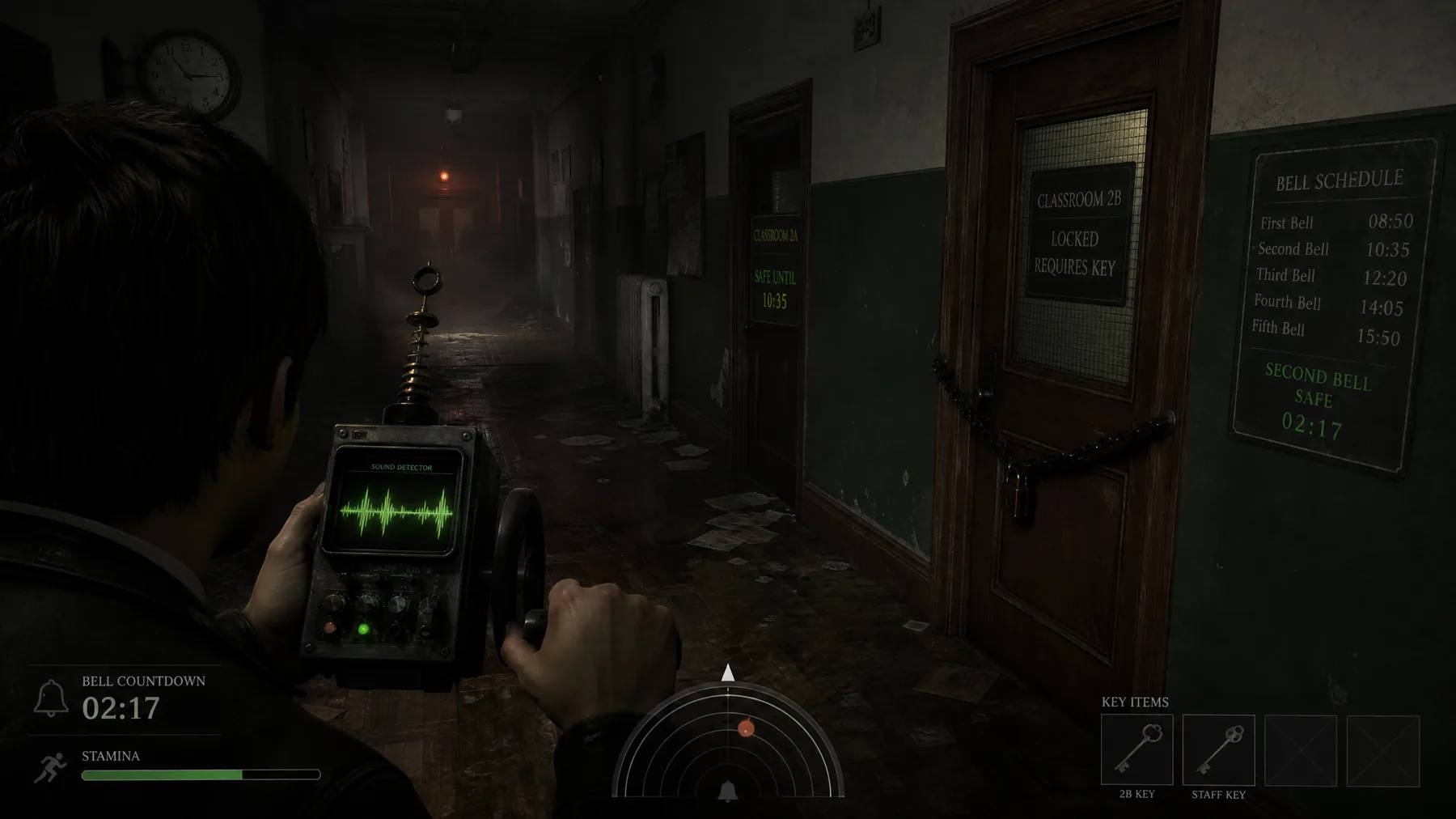 Over-the-shoulder survival horror in a locked school corridor with detector waveform and bell countdown.