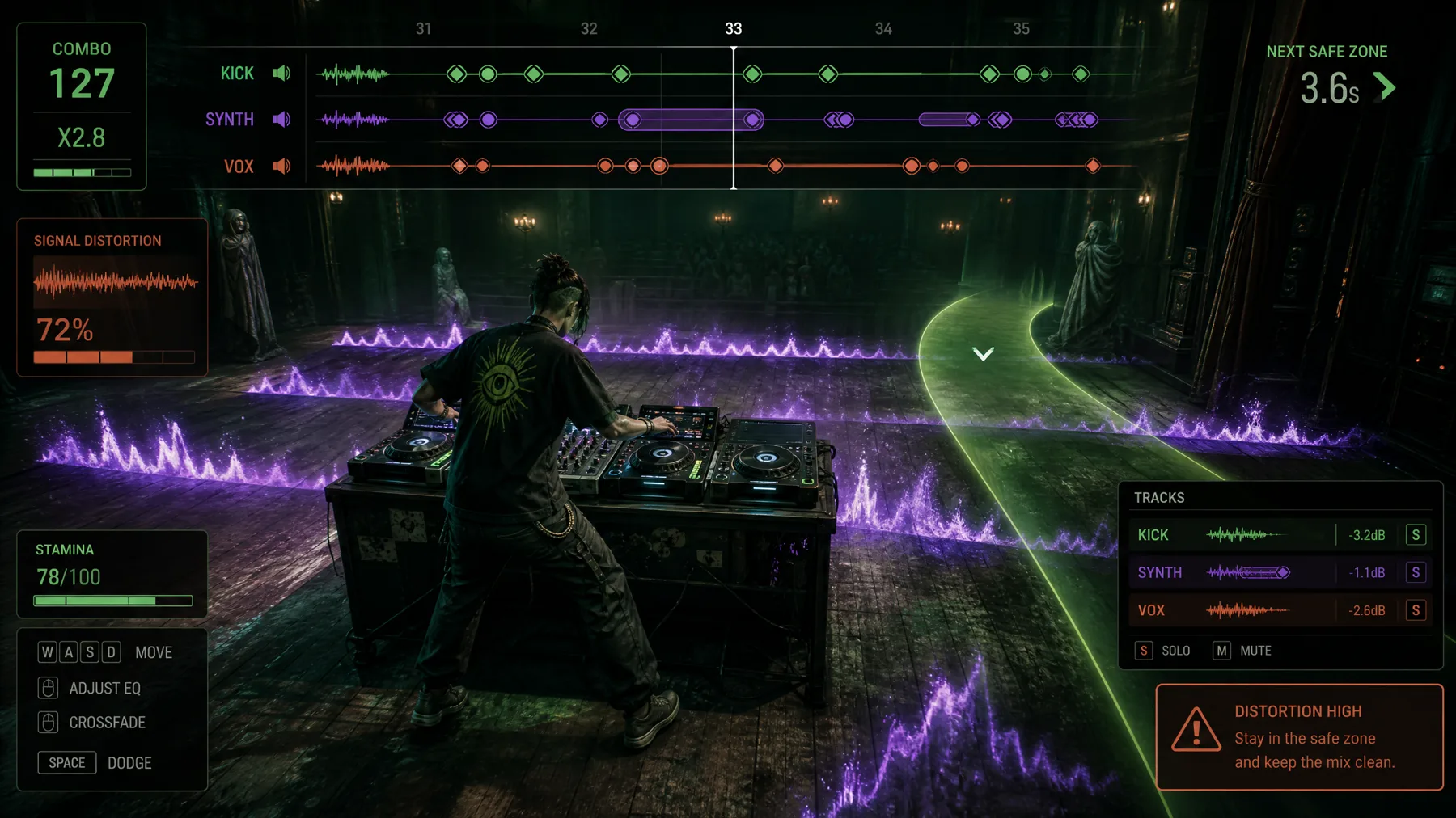 Playable DJ crosses a theatre stage while violet waveforms become hazards around a beat and distortion HUD.